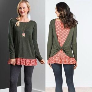 Matilda Jane My Miracle Sweater Green Red Ruffle Twist Layer Sz XL LagenLook